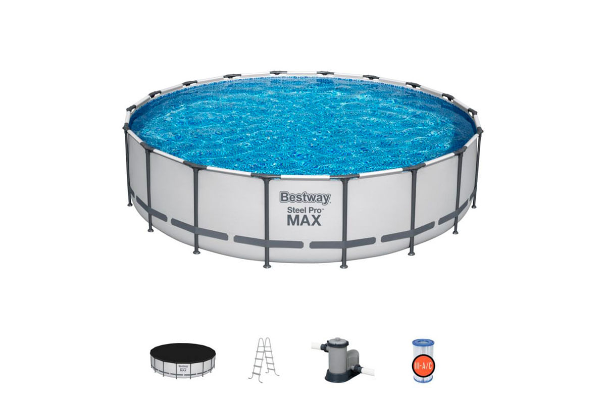 SET PISCINA REDONDA C_BOMBA DE FILTRADO _ ESCALERA Y CUBIERTA 5.49X1.22M STEEL PRO MAX BESTWAY